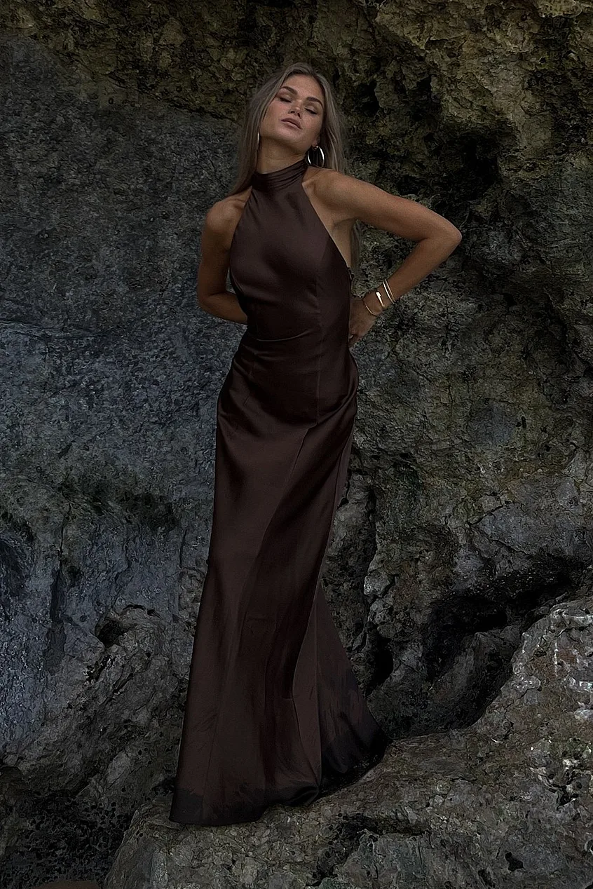 dark brown wedding guest dress Brown Off The Shoulder Strapless Maxi Velvet Wedding Guest Dress, Brown / S