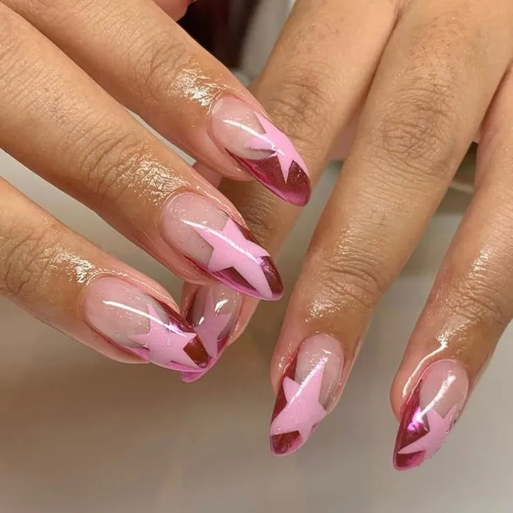 Chrome Pink French Manicure with Stars