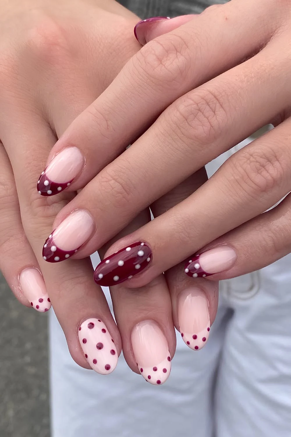 Red and Pink French Tip Polka Dot Nails