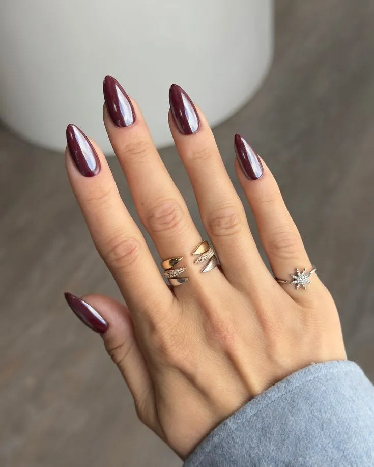 Cherry cola red nails on short almond shape