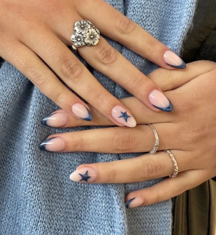 Blue French Tip Nails With Star Accent
