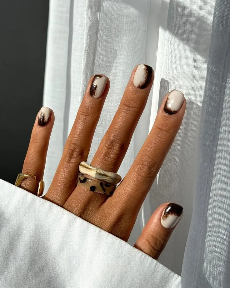 Brown and white blended nail art