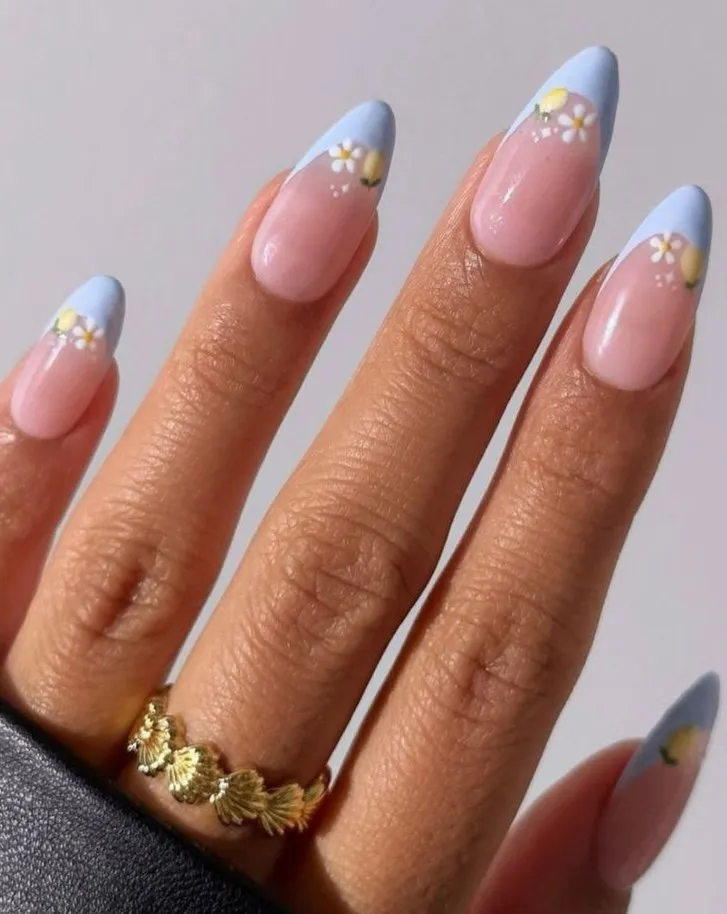 Lemon Daisy Blue French Tips Nails