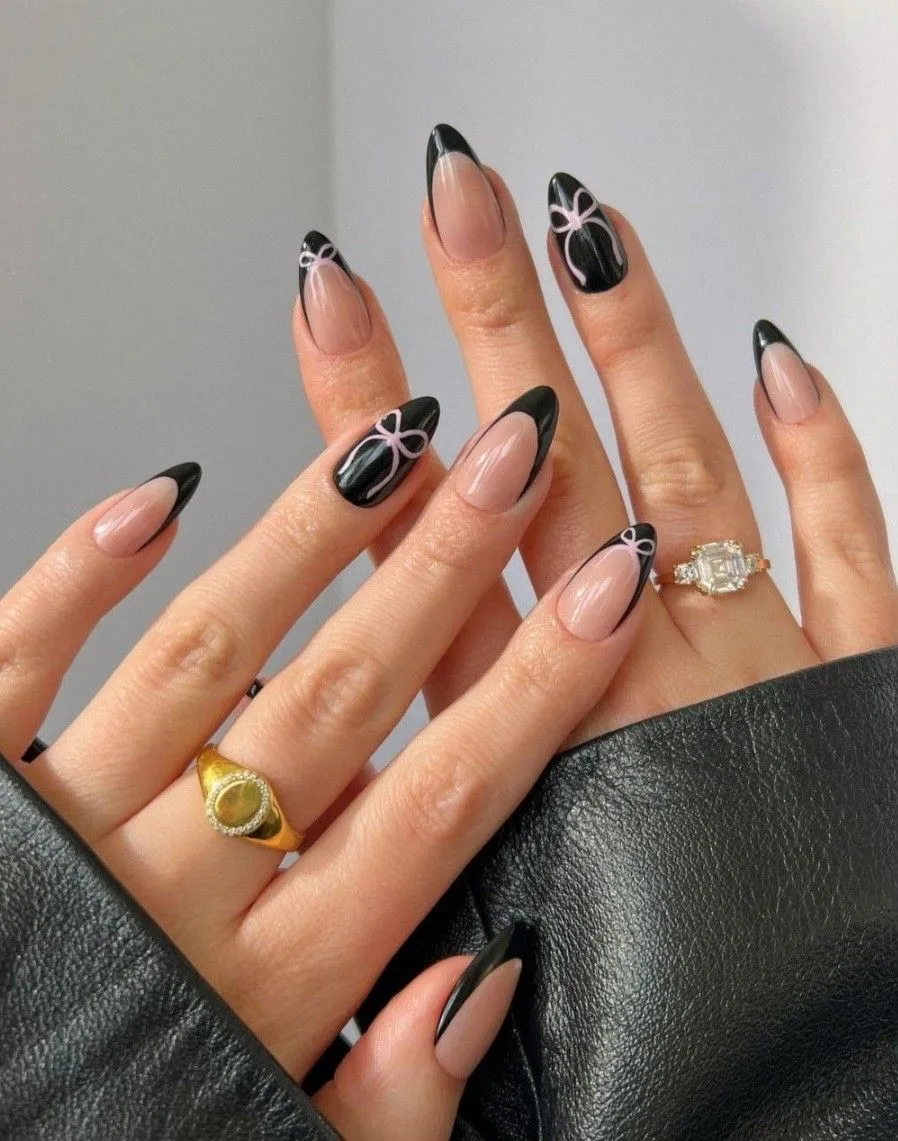 Black Coquette French Manicure with Bows