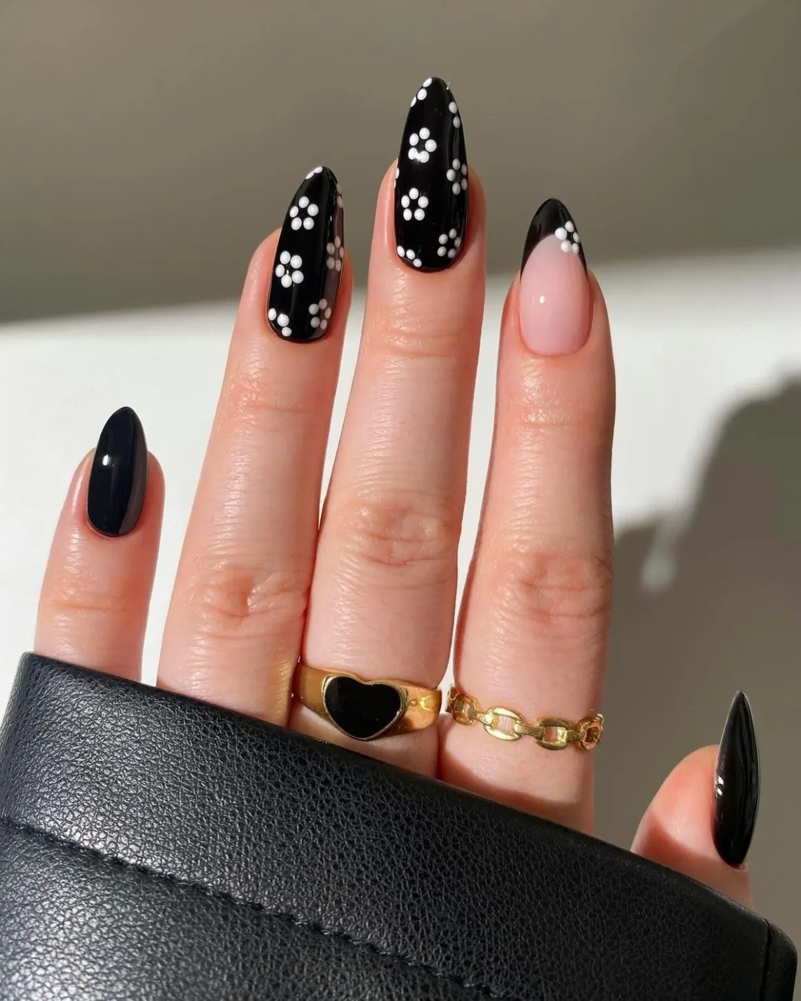Black French Manicure with Flowers Small Daisies