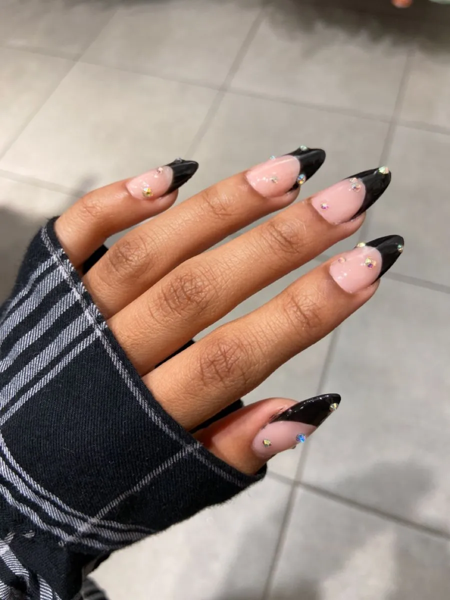 Black French Tip Nails with Gems Almond Nails