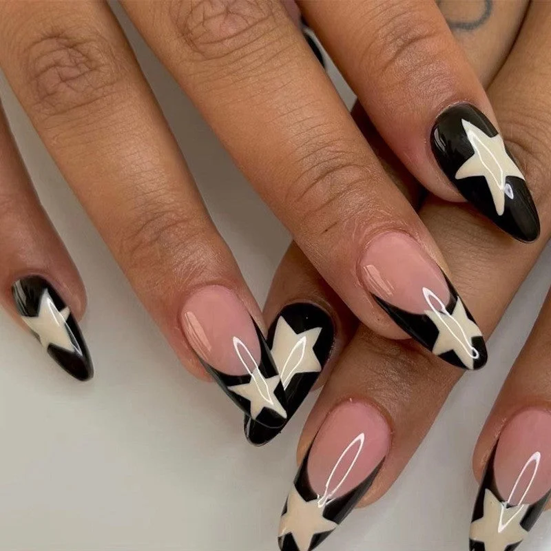 Black French Manicure with Stars