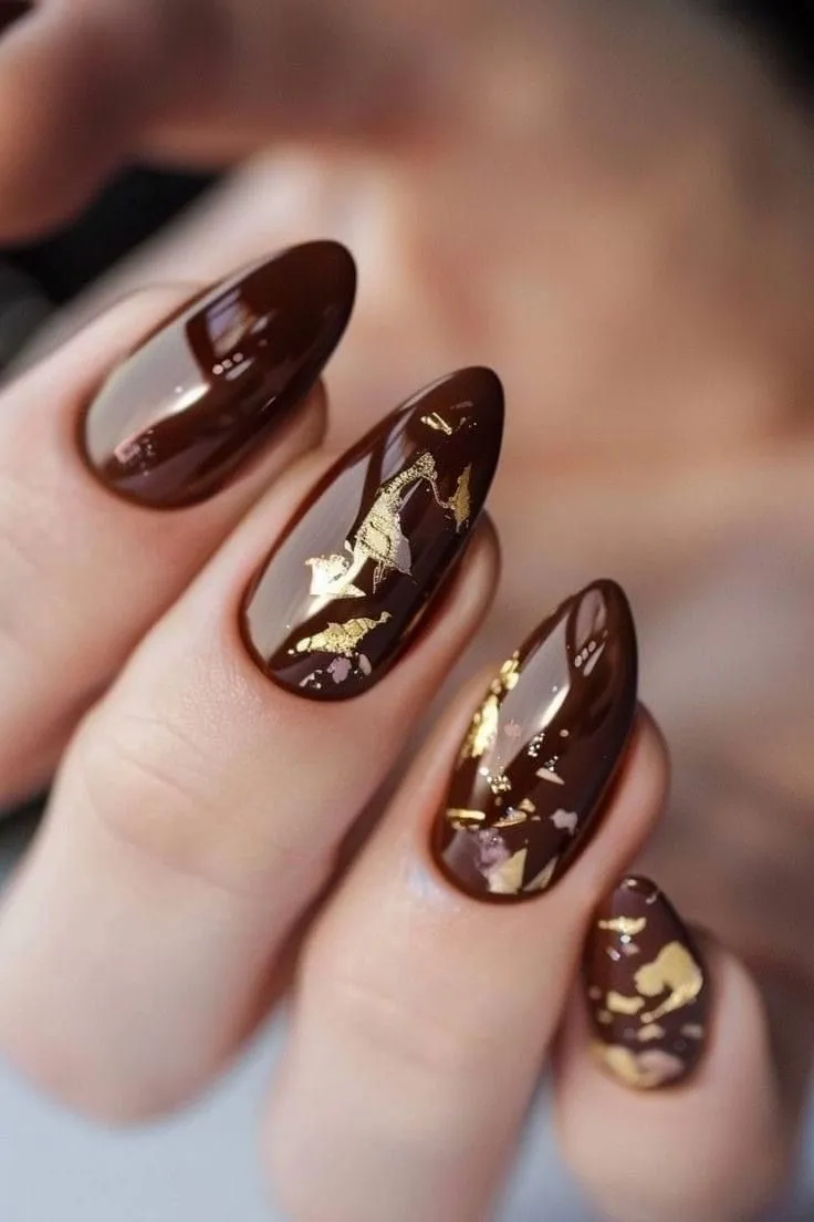 Blood red nails with gold leaf fall designs