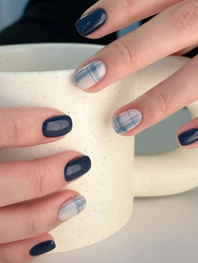 Blue plaid print fall nails