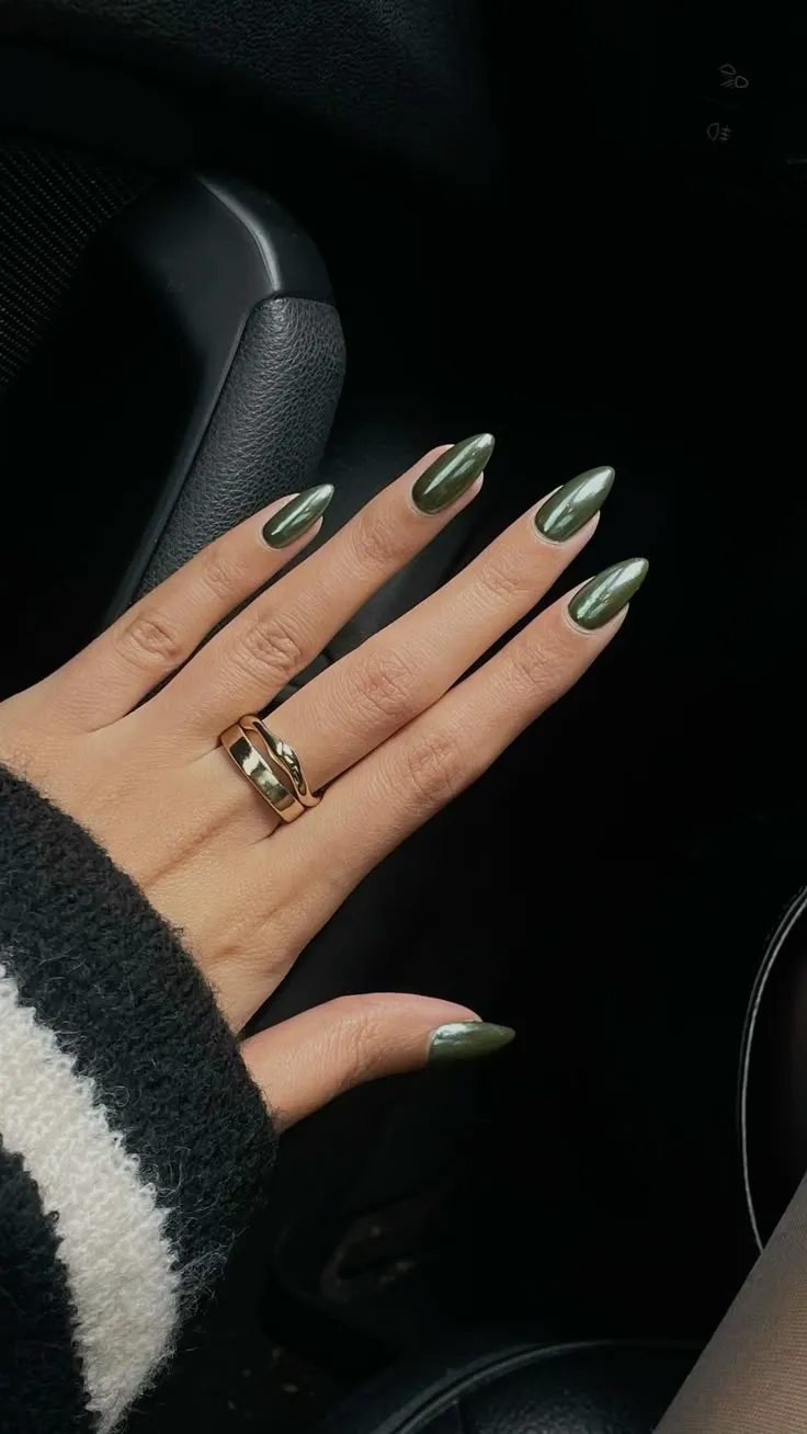 Olive green chrome almond nails fall autumn