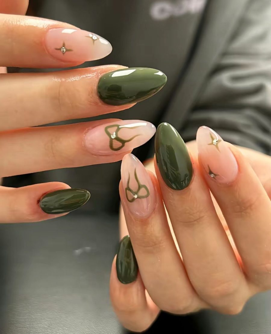 Sage green fall nails with bows and gems