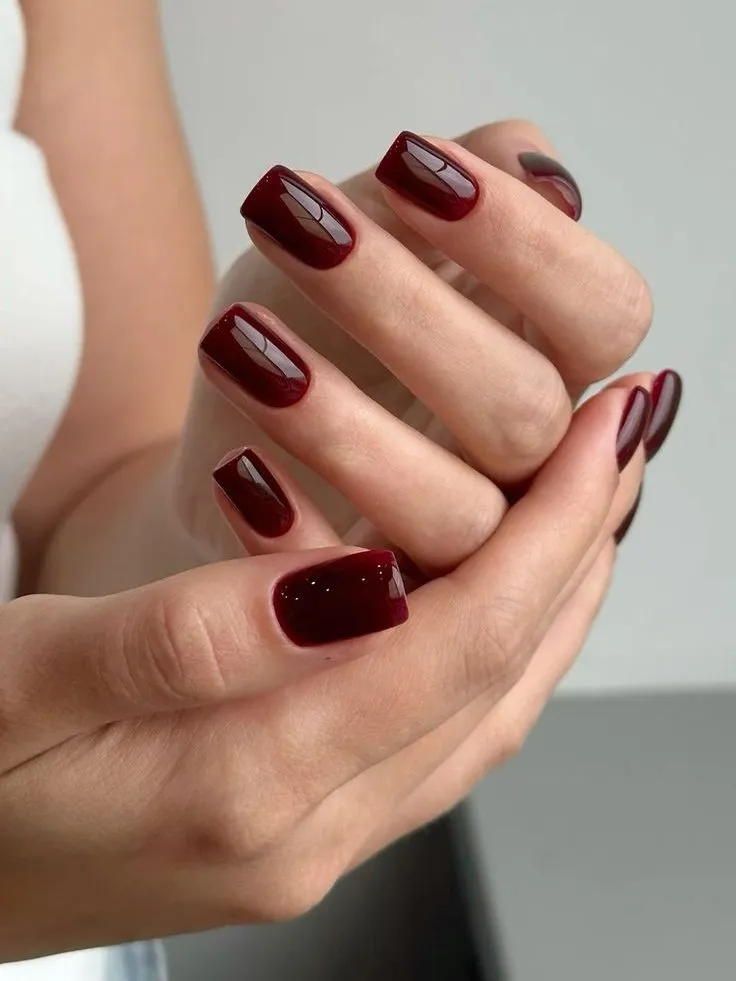 Velvet burgundy nails on square fall autumn nails