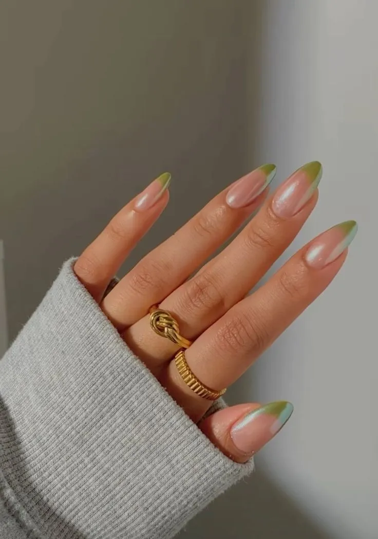 green french tip almond nails with chrome