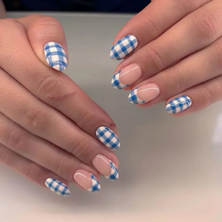 Blue Gingham Fall Nails Ideas 2025