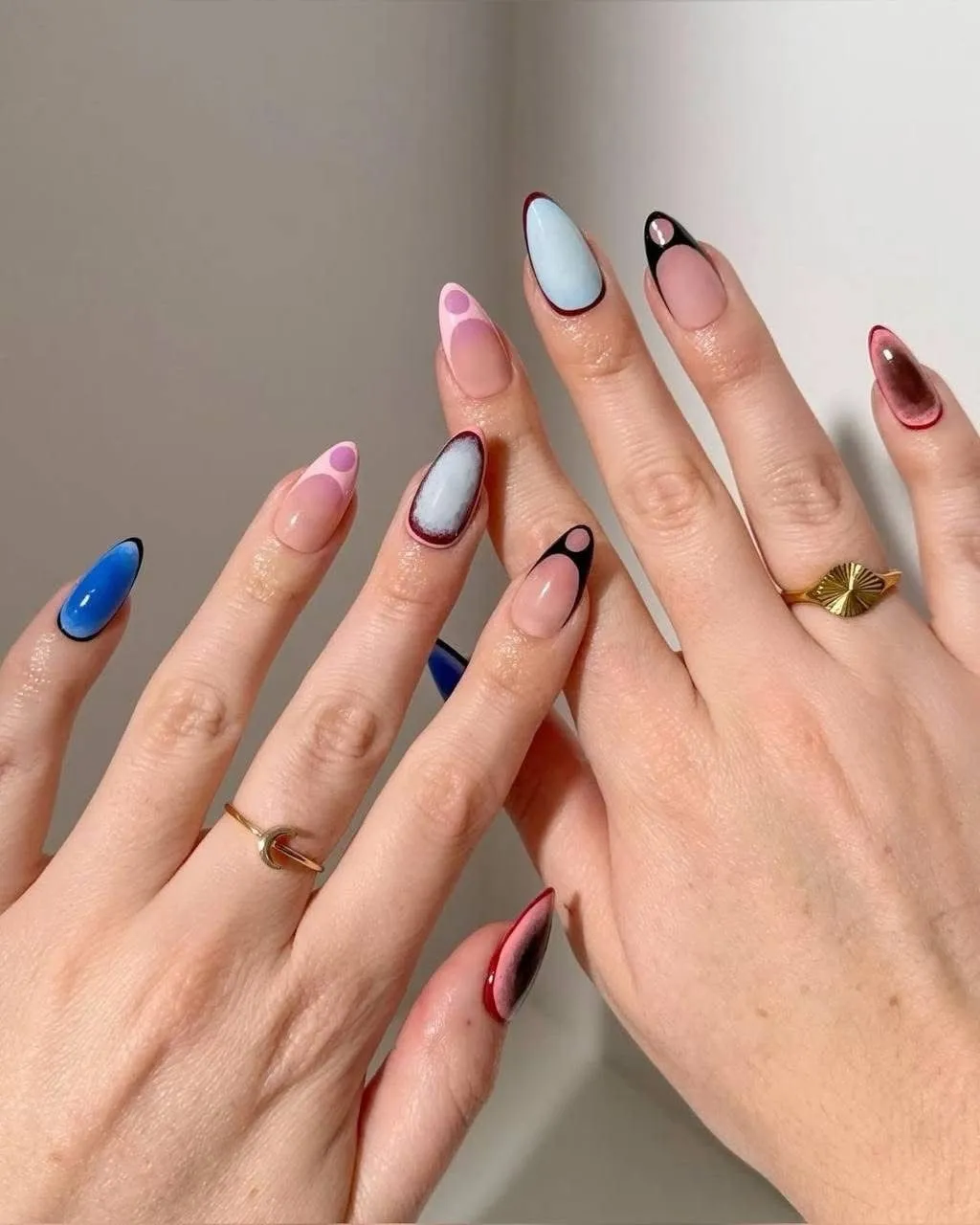 Colourful Outline Nails for September Border Nails in Blue, Pink, and Burgundy