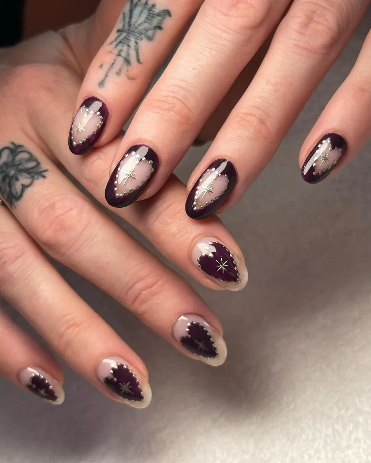 Cut Out Heart Nails Designs With Silver Dots