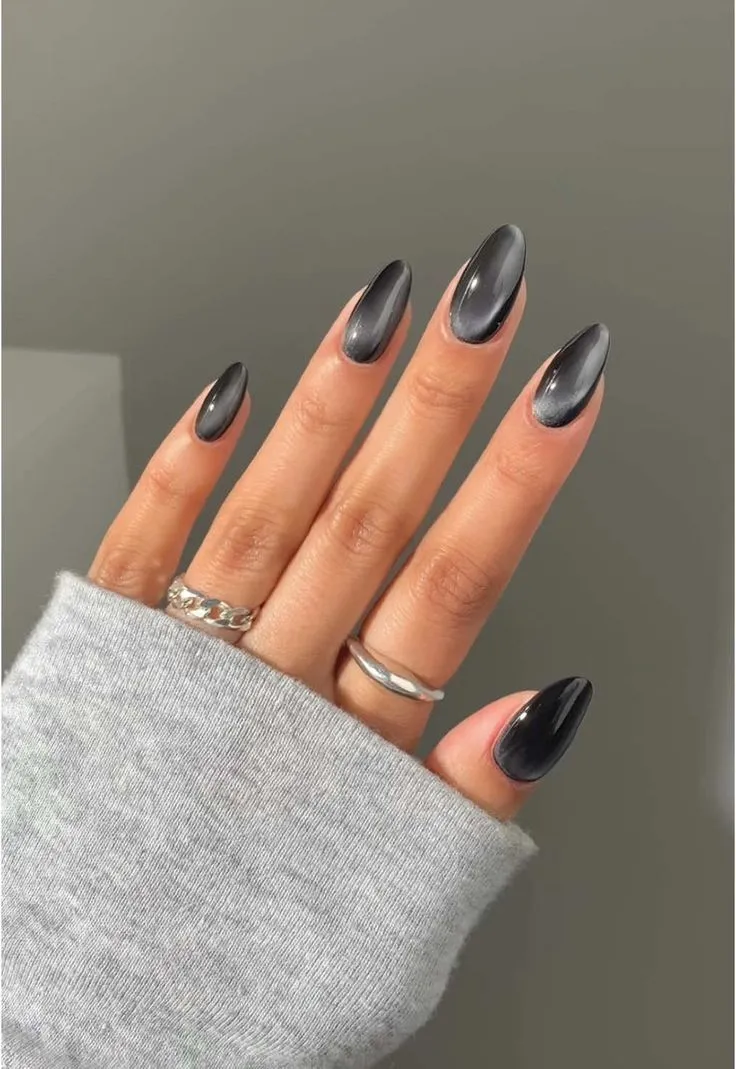 Dark Grey Blue Cat Eye Jelly Almond Fall Nails