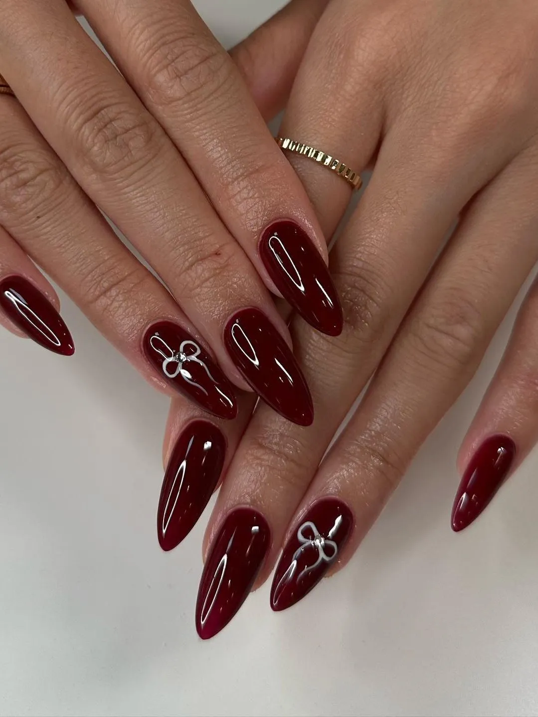 Dark Red Almond Nails With White Bow Coquette Fall Design