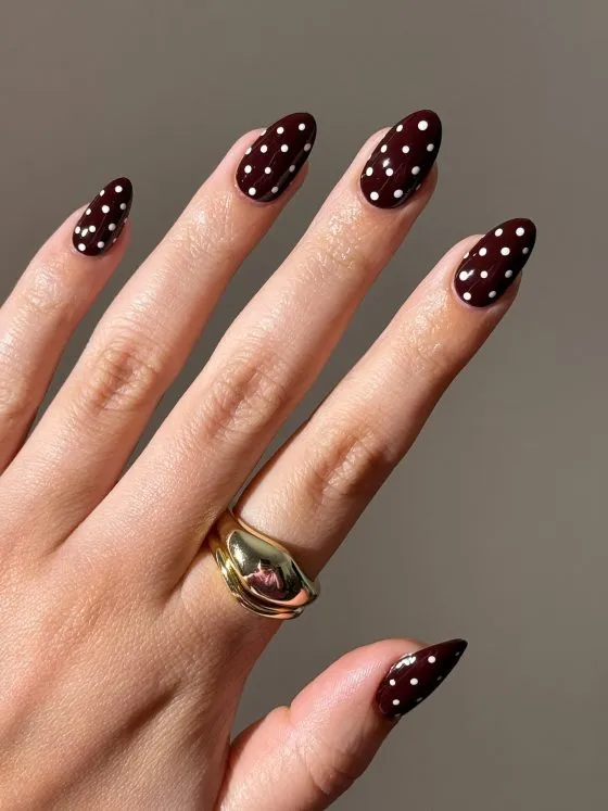 Dark Red Polka Dot Classy Fall Autumn Nails
