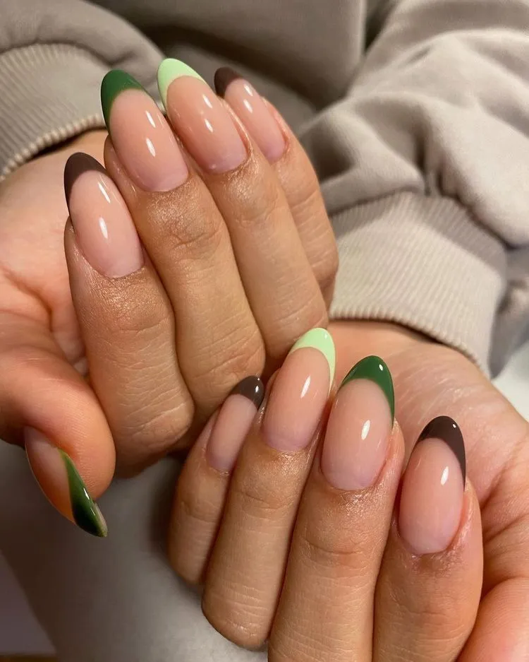 Green French Tip Multicolored Almond Fall Nails Ideas