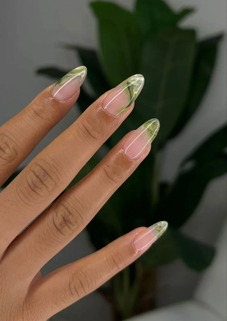 Green Marble French Tips Fall Nails Ideas 2025