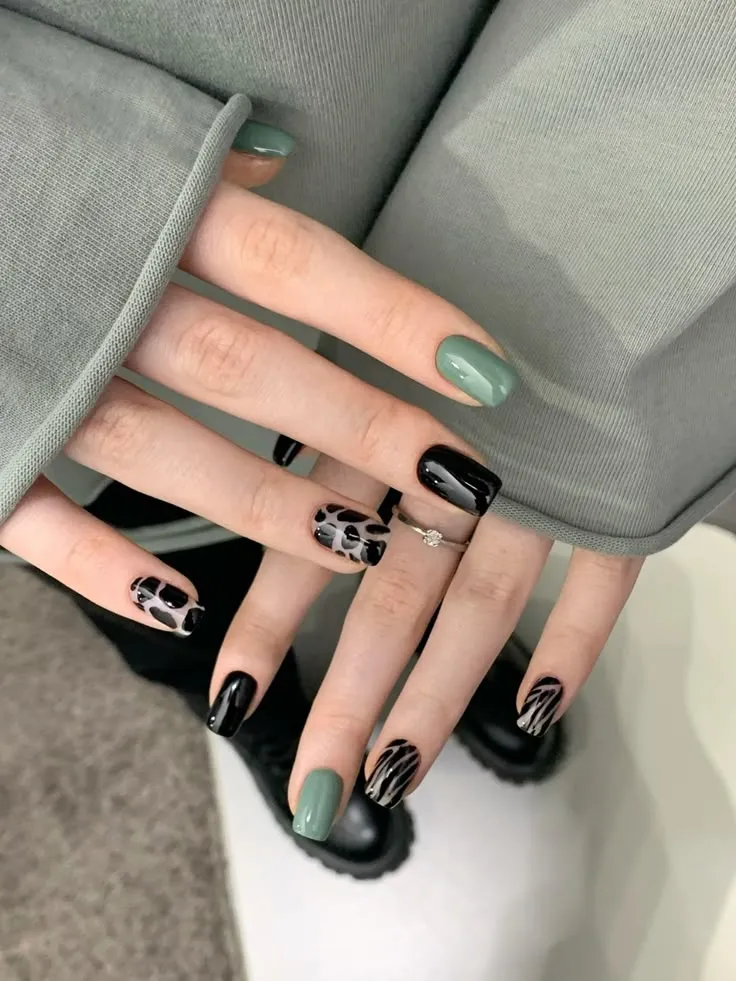 Green and Black Animal Print Fall Nails