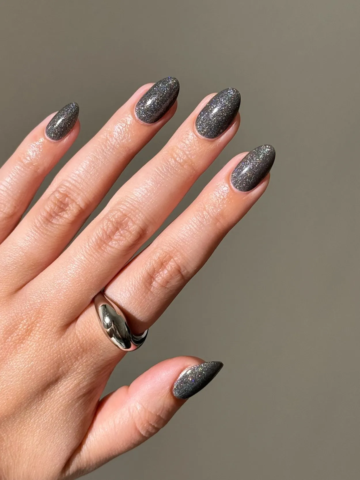 Grey Shimmer Almond Classy Fall Autumn Nails