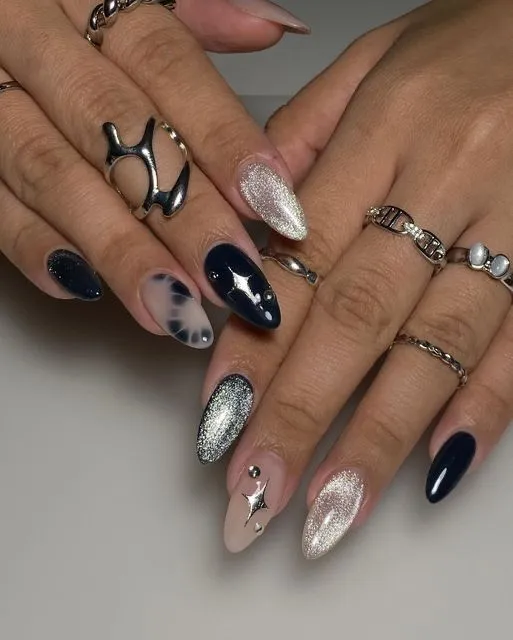 Mismatched Silver and Navy Cat Eye Almond Fall Nails