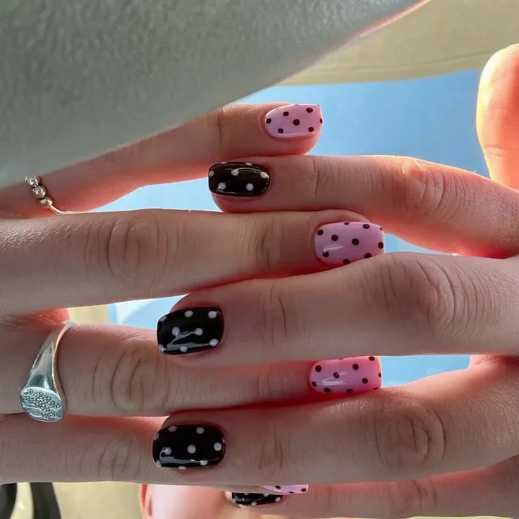 Pink and Black Polka Dot Nails Trend Summer