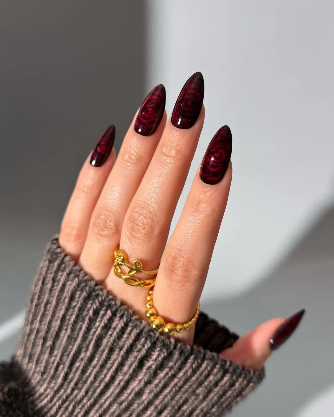 Red Rose Blooming Nail Art Almond Fall Nails