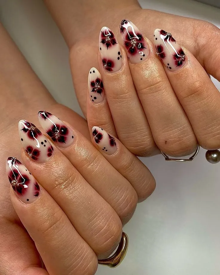 Red and Black Smoky Flower Nail Design Fall Autumn