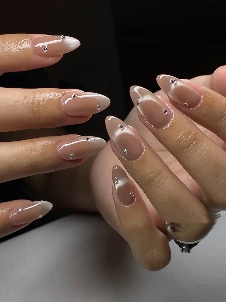 Silver Cat Eye French Tip Nails With Gemstones Fall Design