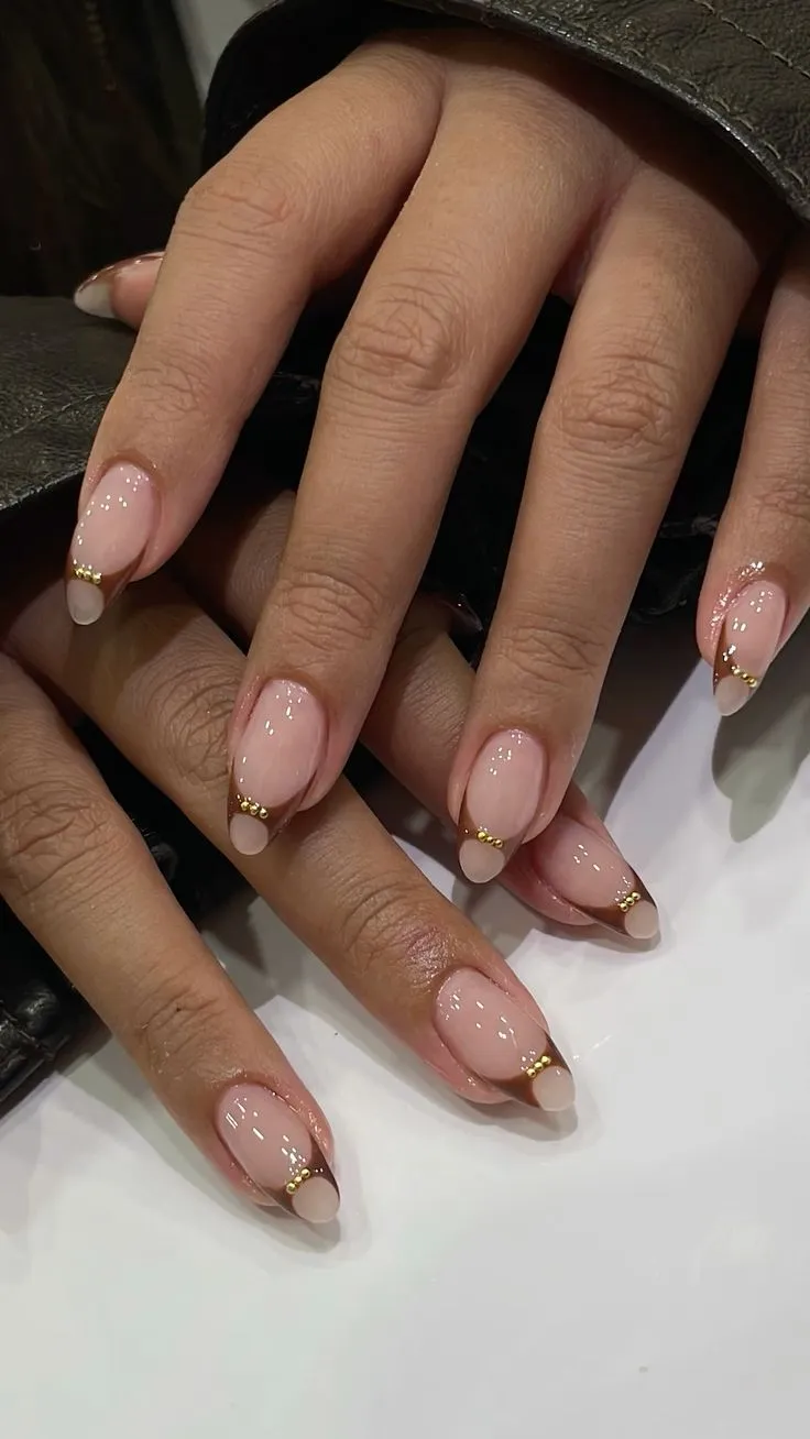 brown French tip nails with gold accents autumn september nails