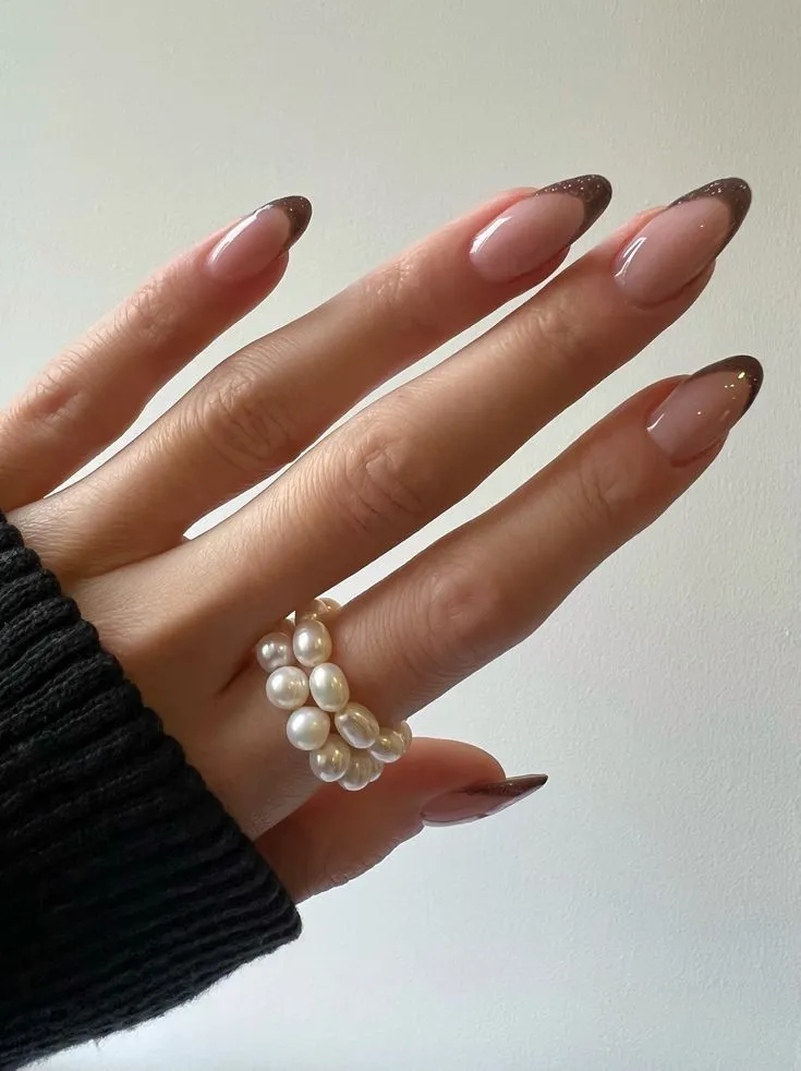 Brown Glitter French Tip Almond Nails