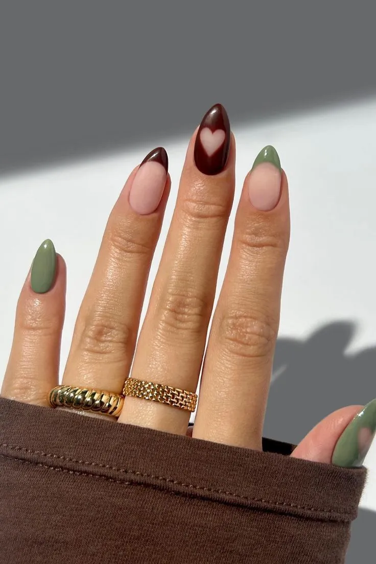 Brown and Sage French Tip with Cutout Heart Nails