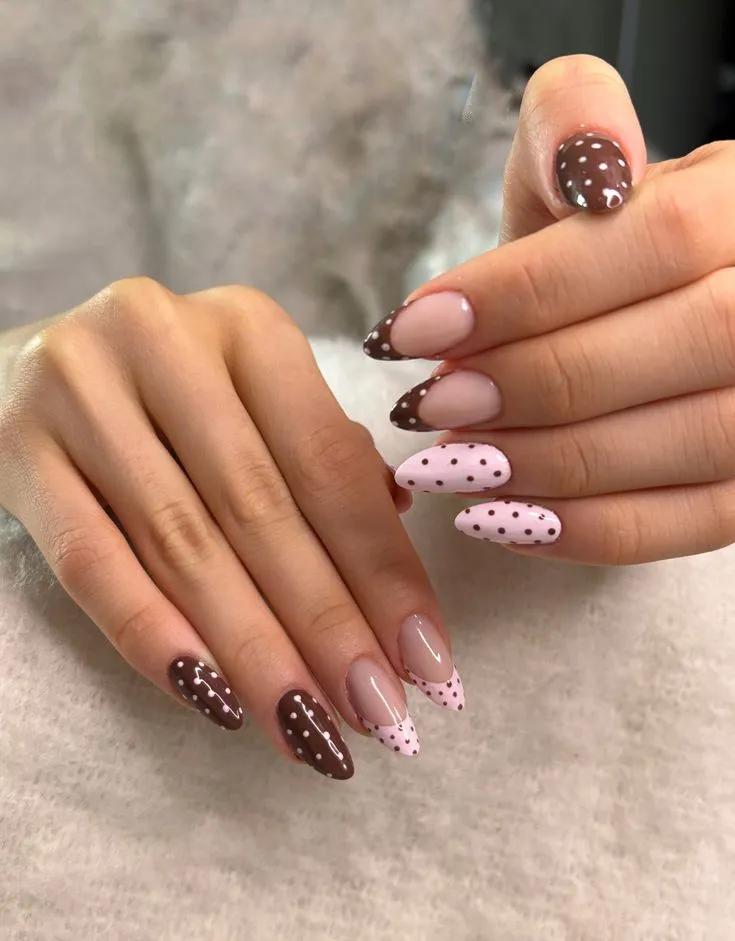 Brown and pink polka dot nails brown nails