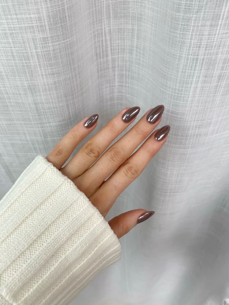 Brown glazed chrome almond nails brown nails