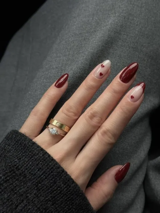 Deep Red Valentines Day Hearts Nail Design on Stiletto Nails