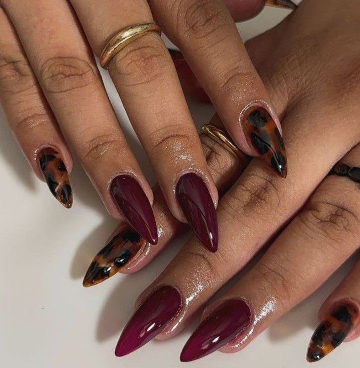 Wine Red Tortoise Shell Stiletto Nails Design