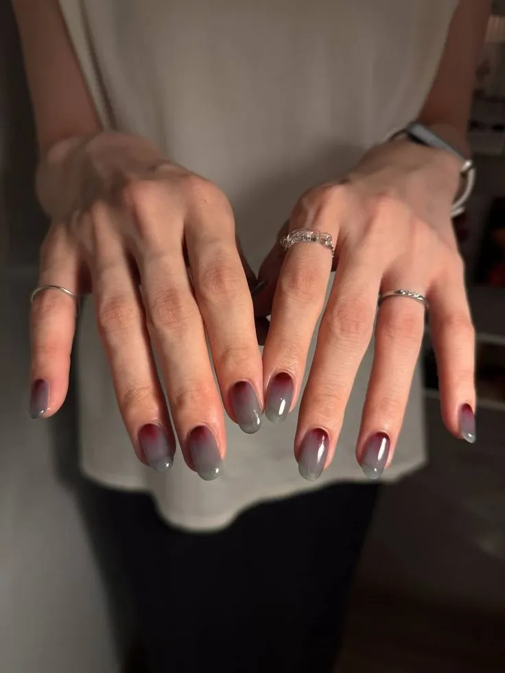 Cherry Red and Grey Blue Ombre Nails