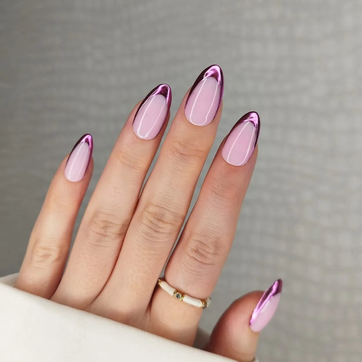 purple chrome french tip nails metallic with milky base