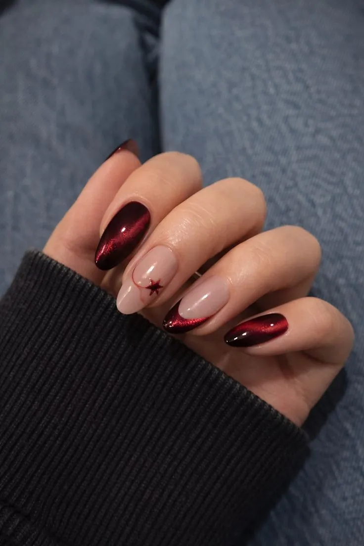 Burgundy Cat-Eye Nails with Red Chrome Tips