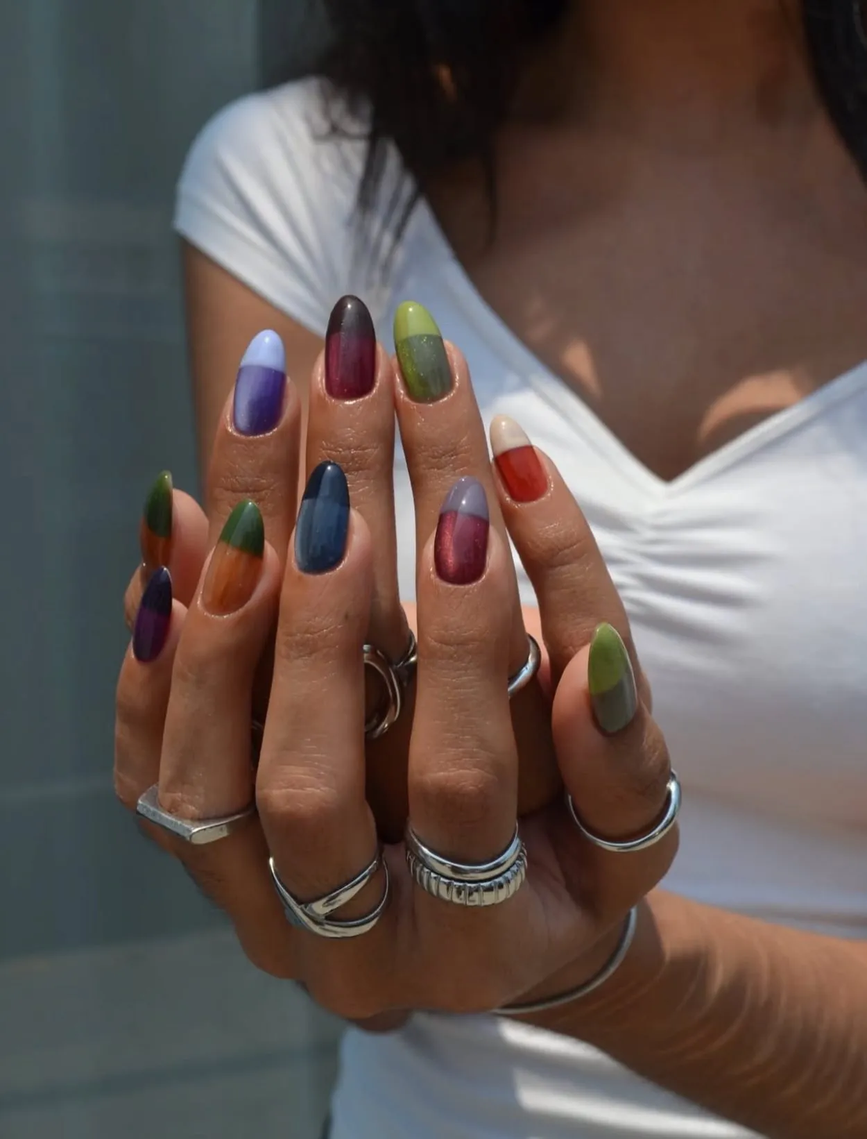 Color block Korean jelly french tip nails