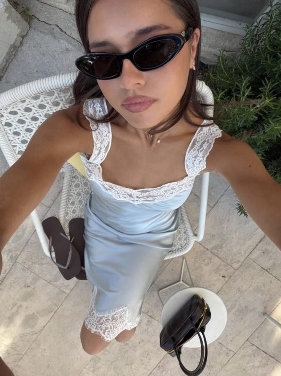 Tularosa Camille Dress with brown leather bag and brown slides